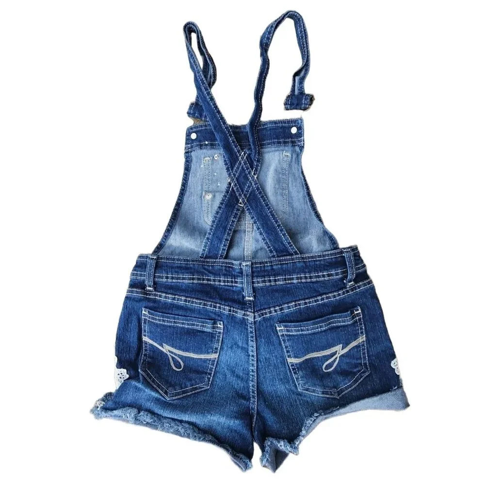 Jordache Flower‎ Lace Overalls Denim Short Blue Girls Size L 10-12